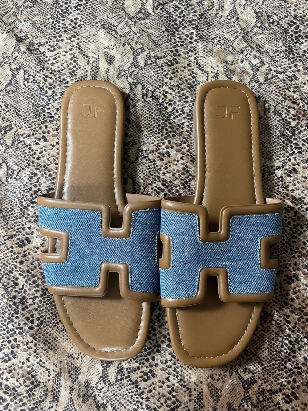 NWOB JustFab Becca Blue Denim Slide Brown Leather Sandal Orion US Size 9